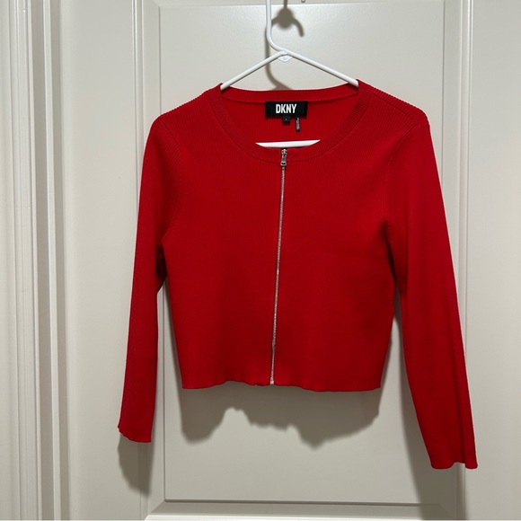 Dkny Tops - DKNY juniors women’s size L, Vibrant Red Crop Knit Zip-Up sweater. Like new